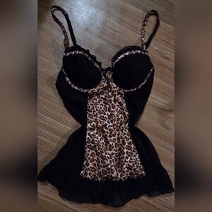 Womens Black Leopard Print Babydoll Ruffle Lingerie Top Size Large (Runs Small)